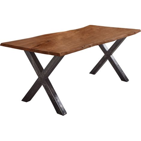 Esstisch Baumkante Akazie nussbaumfarben 200 x 100 cm Vintage X-Gestell schwarz FREDERIK (1/5)