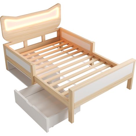 Letto bambini 90 x 190 cm con testiera a gatto, LED RGB, cassetto e vani, bianco quercia (1/5)