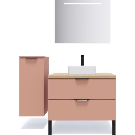 Meuble de salle de bain suspendu vasque à poser 90cm 2 tiroirs Abricot + miroir + colonne ouverture gauche - Soho (1/5)