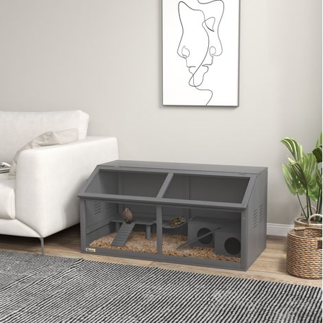 Hamsterkäfig aus Holz 100 x 52 x 50 cm mit Hängebrücke und aufklappbarem Dach HAVRYA (1/5)