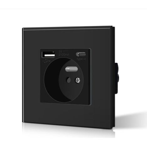 Prise murale française standard avec ports USB TypeC, boîtier PC noir, 16A, pour recharge et alimentation (1/5)
