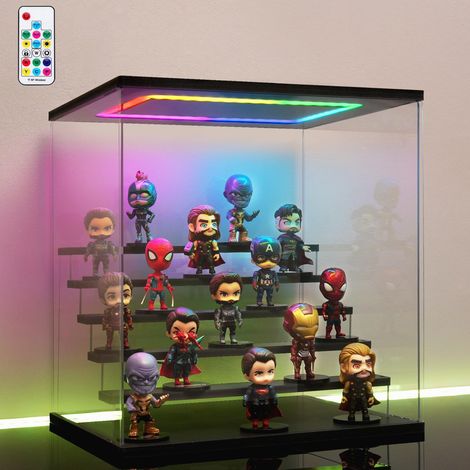Vitrina de acrílico transparente con iluminación LED, caja expositora a prueba de polvo de 3/4/5/6 niveles para figuras, colecciones y maquetas (negra, 4 estantes de 32 x 24,5 x 27 cm).