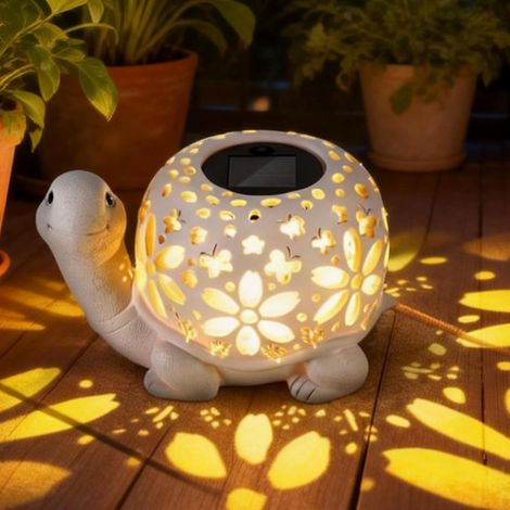 1 Statue Tortue, Résine, Blanc, Éclairage LED Solaire, 8-10h, Jardin, Balcon, Terrasse