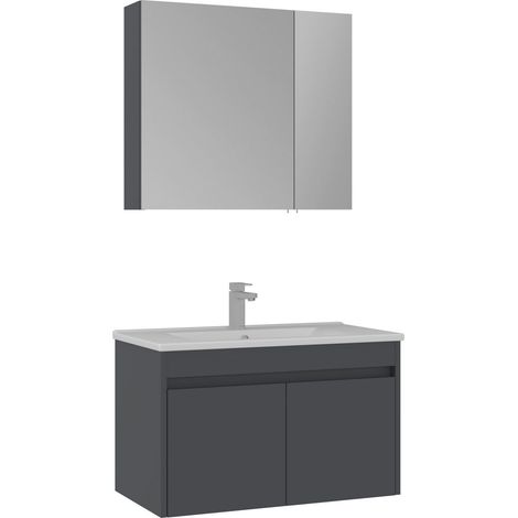 Ensemble Meuble Vasque avec Miroir (2 Pièces) "Side 85 v2" - 85 x 45 x 52 cm - Matte Anthracite (1/3)