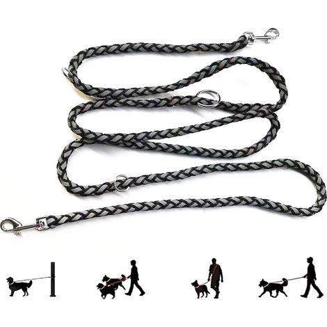 Sollbry Correa de cuerda para perros, correa de nailon reflectante doble ajustable con 2 mosquetones y 3 anillas, correa multifuncional negra de 2,1 m para perros pequeños, medianos y grandes. (1/5)