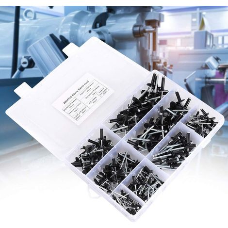 Kit d'assortiment de 200 rivets noirs Pop Rivets, 8 tailles de rivets en aluminium (1/8, 3/16, 1/4), rivets aveugles assortis avec étui pour métal, bateau marin, chemin de fer (1/5)