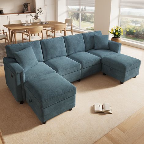 Divano modulare 261/134/82 cm blu in ciniglia con 2 pouf contenitore e prese USB/Type-C (1/5)