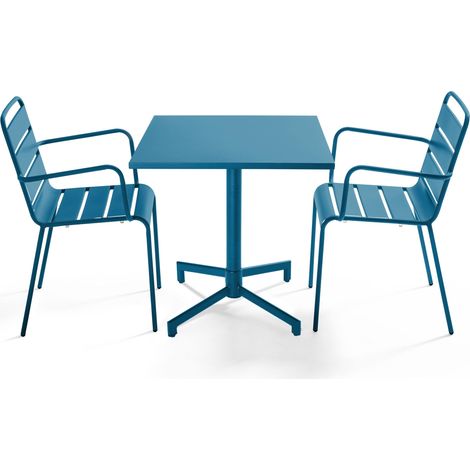 Ensemble table 70 cm et 2 fauteuils de jardin en métal bleu pacific - Palavas (1/5)