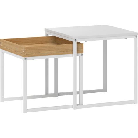 GagaLot de 2 tables basses gigognes carrées, tables gigognes de salon avec cadre en acier, style moderne, blanc (1/5)