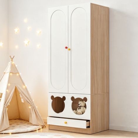 Zweitüriger Kleiderschrank, Kleiderschrank mit zwei Türen, Kinderkleiderschrank, Kinderzimmermöbel, mit Kleiderstange und Schubladen, Lackoberfläche, 80 × 50 × 200 cm,Weiß-Holz-Farbkontrast (1/5)