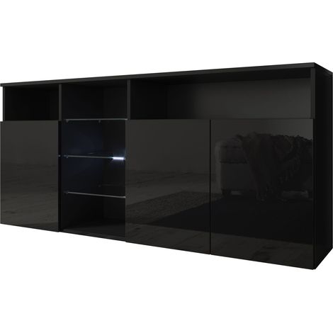 Muebles Bonitos – Buffet bas 3 portes avec LED 150x72x35cm – Meuble de rangement en mélamine brillante – Étagères en verre – Système d'ouverture push-click