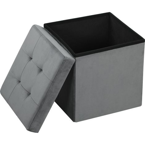 Pouf coffre rangement pliable, tabouret carré 37,6 L en tissu velours, charge 120 Kg, 38 x 38 x 38 cm, gris