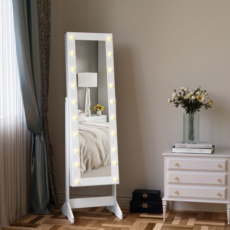 Verstellbarer Schmuckschrank mit Spiegel und 20 LED-Leuchten, Holz, Weiß, 40 x 37 x 146 cm