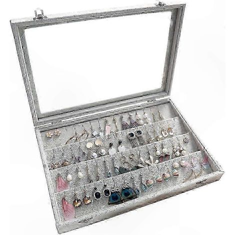 Samt-Schmuckkästchen mit transparentem Deckel, Aufbewahrung für 40 Paar Ohrringe, abschließbares, staubdichtes Etui, eleganter Präsentationsständer (1/5)