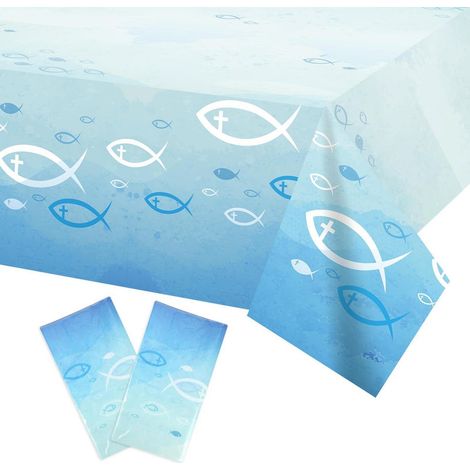 2er Pack Tischdecke Kommunion Fisch Design, Einweg PVC, Blau