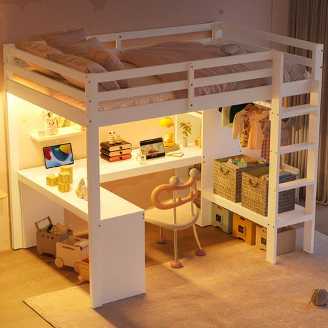 Letto a soppalco 90x200 cm con scrivania, illuminazione a LED, porte USB, vano contenitore, struttura in legno massello e MDF bianco. (1/5)