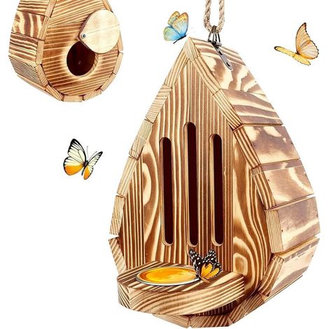 Habitat papillon en bois en forme de larme avec mangeoire intégrée, corde de suspension incluse, abri d'extérieur rustique pour décoration de jardin (1/5)