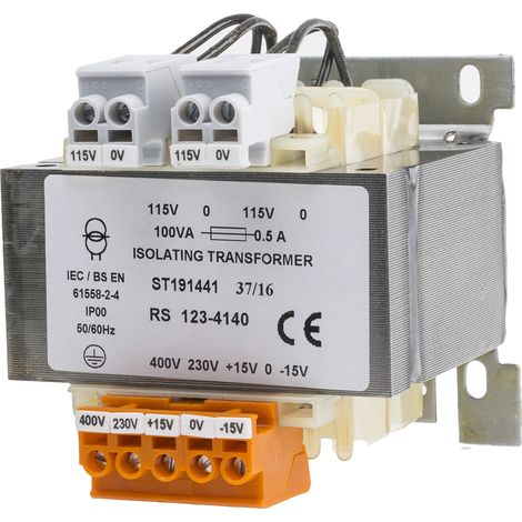 Rs Pro – Transformateur pour tableau électrique 100VA – Tension 230V ac – Sortie 115V – Rail DIN – Dimensions 84 x 76 x 100mm (1/2)