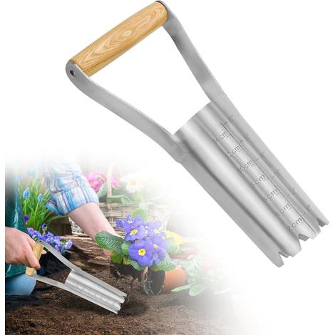 Planteur de bulbes à fleurs - Outils de jardin en acier inoxydable - Bêche perforée avec poignée en bois et échelle de profondeur - Pour semer des graines dans les jardins - Désherbage (1/5)