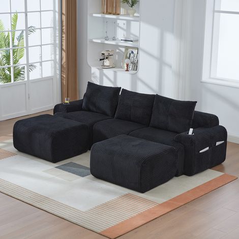 Divano modulare da 3 posti con 2 pouf, portabicchieri e tasca laterale, nero, in velluto a coste (panno), 268x174x80 cm (1/5)