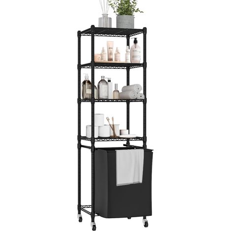 Panier à Linge 4 Niveaux avec Roulettes Bac à Linge Mobile pour Buanderie Salle de Bain Chambre 40x30x129cm Noir (1/5)