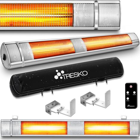 TRESKO Calefactor por Infrarrojos de Pared Plateado 3000W + Control Remoto Estufa Radiante con 3 Temperaturas Radiador Eléctrico para Exterior e Interior Calentador de Cuarzo