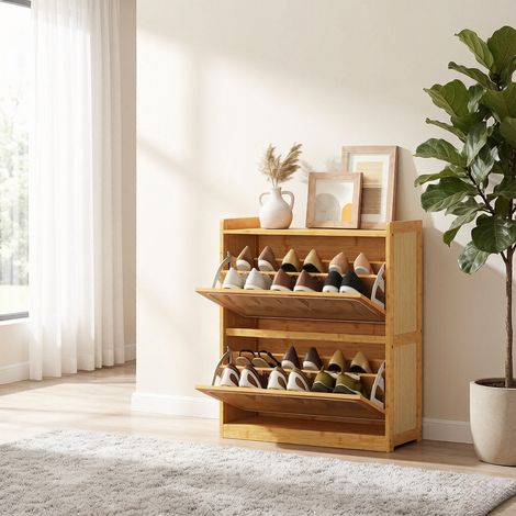 Zapatero con capacidad para 14 pares, armario para zapatos con 2 compartimentos abatibles, estantes ajustables, dimensiones 69 x 29 x 83 cm. (1/5)