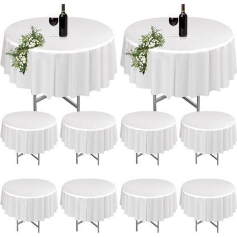 Lot de 10 nappes rondes blanches, lavables, en polyester, pour tables de jardin, idéales pour les mariages, 213 cm. (1/4)