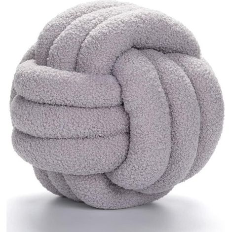Coussin pompon tricoté - Coussin nœud pelucheux - Décoration canapé - Design pompon unique - 22 cm - Gris clair (1/5)