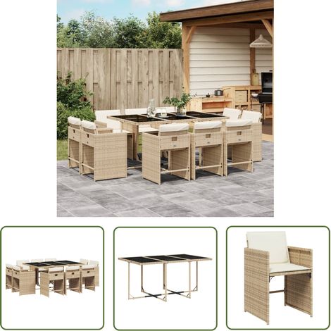 The Living Store Ensemble à manger de jardin et coussins 11 pcs beige poly rotin - Salon De Jardin - Meuble De Jardin - Set De Salon De Jardin - Résine Tressée - Poly Rotin (1/5)