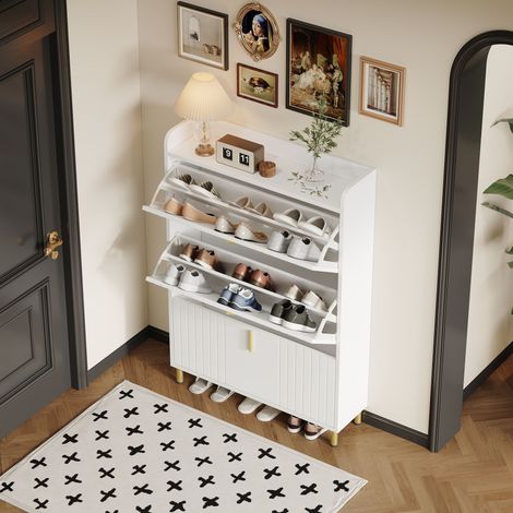 Schuhschrank mit 3 Klappen, Schuhregal Schuhkipper Schmal, mit 6 Fächern, Schuhschrank Weiss, Verstellbar, Anti-Kipp-Vorrichtung für Eingangsbereich, 8023.5123.5cm (1/5)