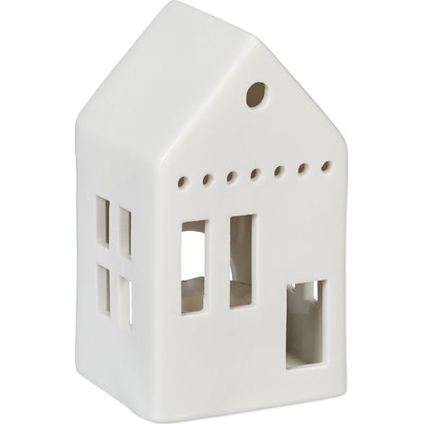 Relaxdays Casetta Portacandele in Ceramica, Casa Luminosa Porta-Tealight, per 1 Candelina, HLP: 12 x 7 x 6 cm, Bianco