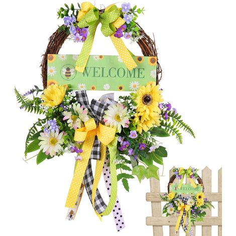 Couronne Porte Artificielle Tournesol, Extérieur, Rattán et Polyester, 32 x 37 cm, Printemps et Fermière,... (1/5)