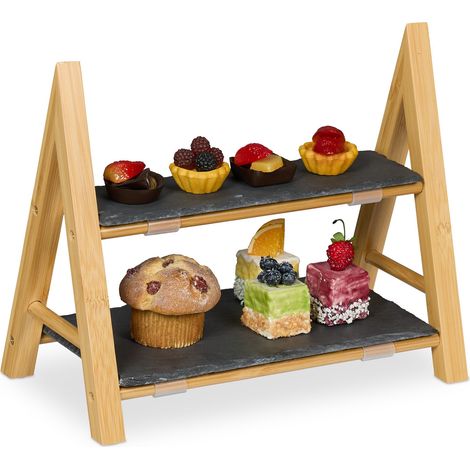 Relaxdays Alzata con 2 Piatti per Dolci, Snack e Formaggi, Centrotavola Porta Frutta, HLP: 27x32x17 cm, Bambù e Ardesia