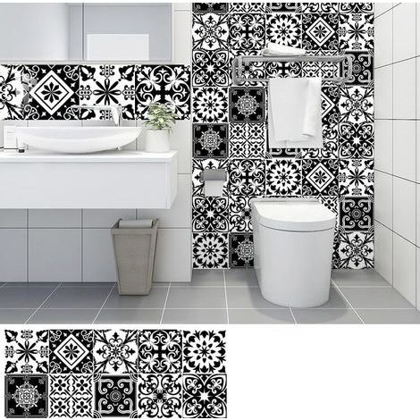 10pcs Fleurs Noires Autocollants Carrelage Cuisine Et Salle De Bain, Adhesif Pour Carrelage Mural, Imitation Faience,Décoration Murale Pvc Imperméable15X15Cm (1/2)