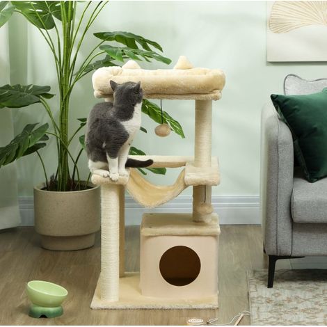 Katzenbaum 48 x 48 x 90 cm mit Hängematte, Höhle, Korb und Spielball, creme OKMYHOME (1/5)