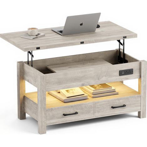 Table Basse Relevable pour Salon, 4 en 1 Multifonction Moderne avec Tiroirs De Rangement, Table Basse en Bois Style Ferme, Taupe (1/5)