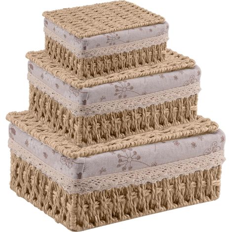 Lot de 3 Panier avec Couvercle,Panier Tressé Rangement,Empilables Convient pour Salon Salle de Bain Bureau Chambre D'enfants(Naturel)