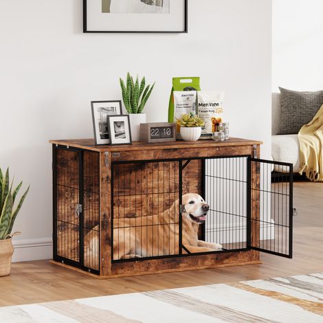 Dog Crate Furniture with Openable Top, Two Doors, for Large Dogs, Rustic Brown (1/5)