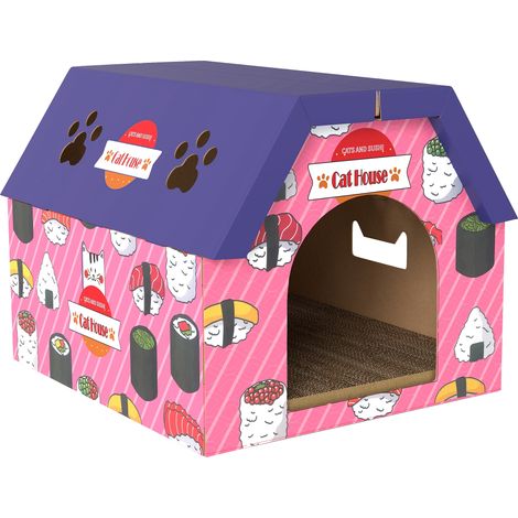Cat Scratching Board, 2-in-1 Cardboard Cat House and Hideaway for Indoor Cats, Pink (1/5)