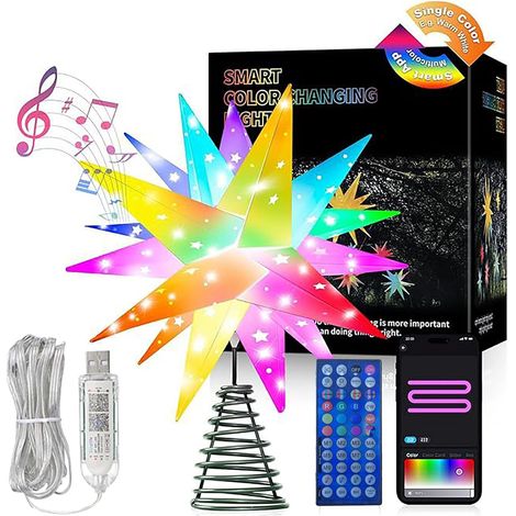3D Etoile Sapin de Noel Lumineuse, Etoile Sapin de Noel Intelligente au Sommet de l'arbre, contrôle par Application Bluetooth, synchronisation de la Musique, éclairage de Noël extérieur avec (1/5)