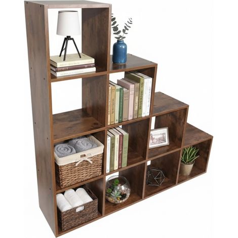 Relaxdays Stufenregal, 10 Fächer, HBT: 129,5 x 129,5 x 29 cm, offenes Würfelregal, Bücher & Deko, Wohnzimmerregal, braun