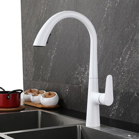 Robinet Cuisine Robinets d'Évier avec Douchette Extensible Mitigeur Cuisine Rotatif à 360° 2 Modes de Pulvérisation- Blanc