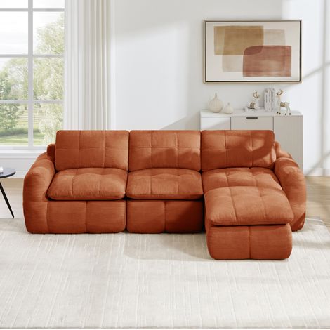 Dreisitzer Ecksofa (264x160x68 cm), modulares rahmenloses Design, Hocker, Chenille, Orange (1/5)