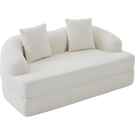 Canapé-lit 2-en-1 2 places en chenille beige – 2 coussins, convertible en lit – pour salon ou chambre d’amis (1/5)