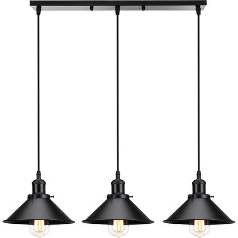 – Lustre suspension 3 lampes E27 22cm – Pendentif noir ajustable – Design industriel en fer – Ampoules non incluses (1/5)