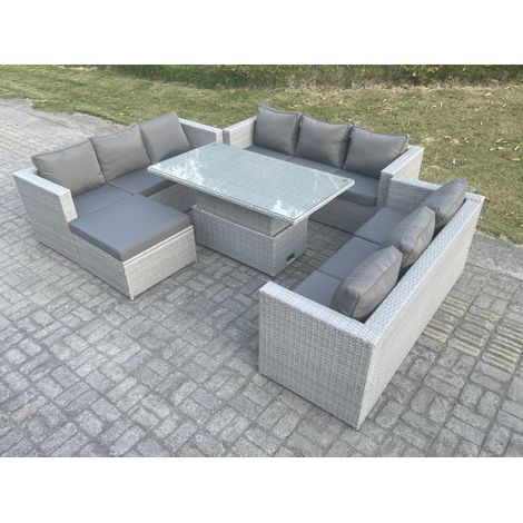 Fimous Light Grey U Shape Lounge Rattan Garden Furniture Set Adjustable Rising Lifting Table Dining Set Footstool (1/4)