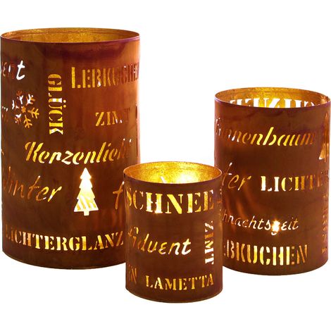 Metall Weihnachts Windlicht rund Rost Optik 3er Set - Sprüche - Winter Tisch Deko Laterne Kerzen Halter