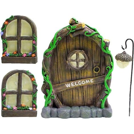 Fenêtres et portes de maisons miniatures de fées, décorations d'arbres de jardin, sculptures d'art de jardin extérieur, décorations de pelouse de patio, décorations murales phosphorescentes (1/5)