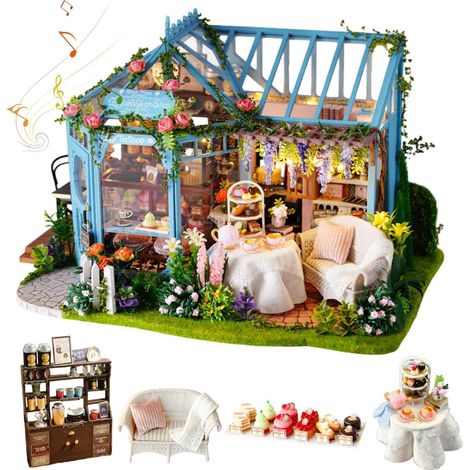 Kit DIY Maison de Poupée Jardin Fleuri, Serre Transparente à Assembler, Décoration Créative pour Adultes (Pavillon de Thé Roseraie)